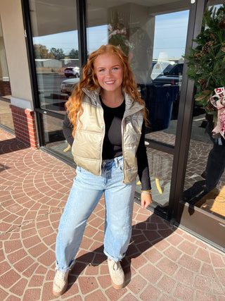 High Neck Zip Up Vest/Taupe