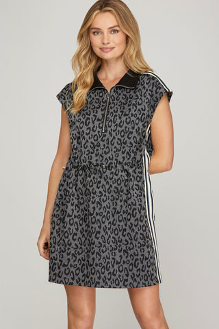 Half Zip Leopard Mini Dress- Grey