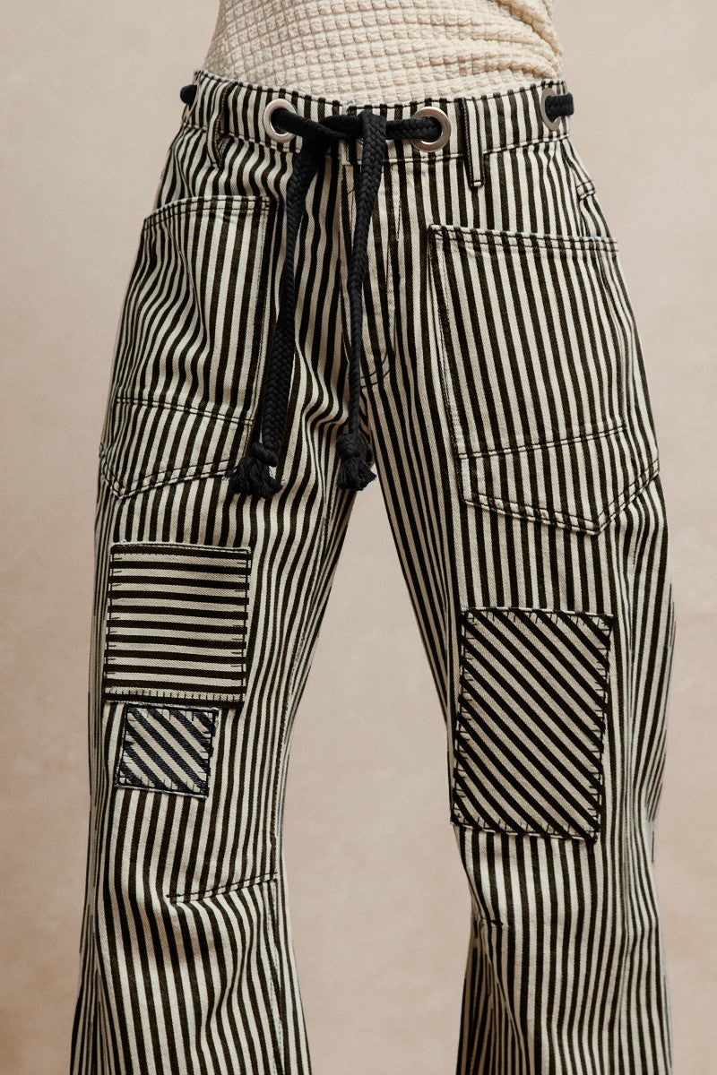 Striped Twill Barrel Pant- Black