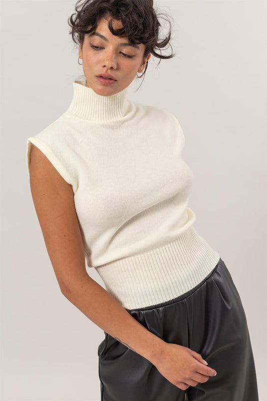 High Neck Sleeveless Sweater Top- Cream