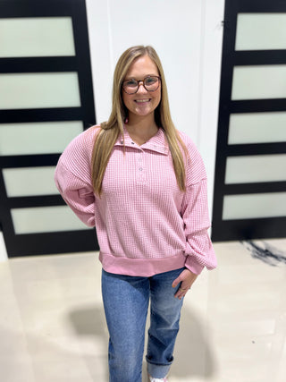 Weekend Waffle Knit Top- Pink