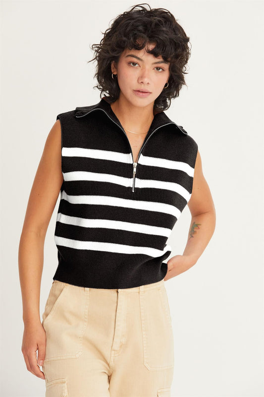 Half Zip Sleeveless Sweater- Black