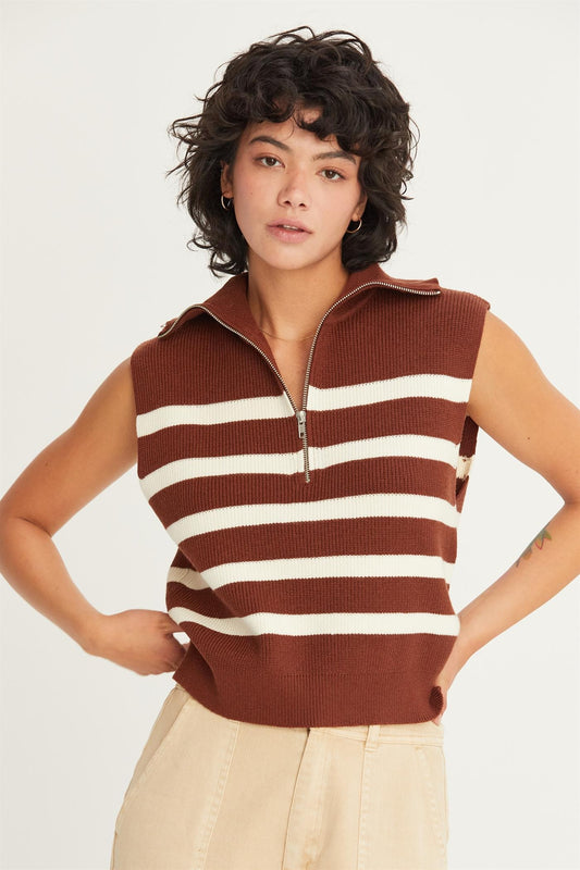 Half Zip Sleeveless Sweater In Chestnut