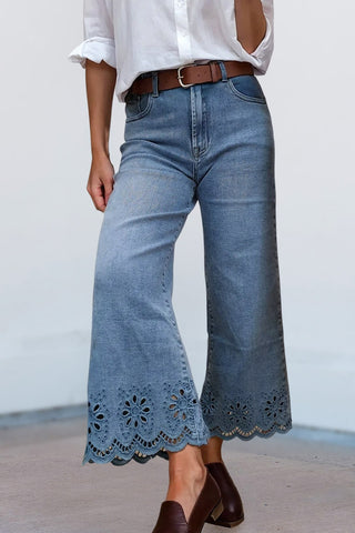 Embroidered Cropped Wide Leg Jean