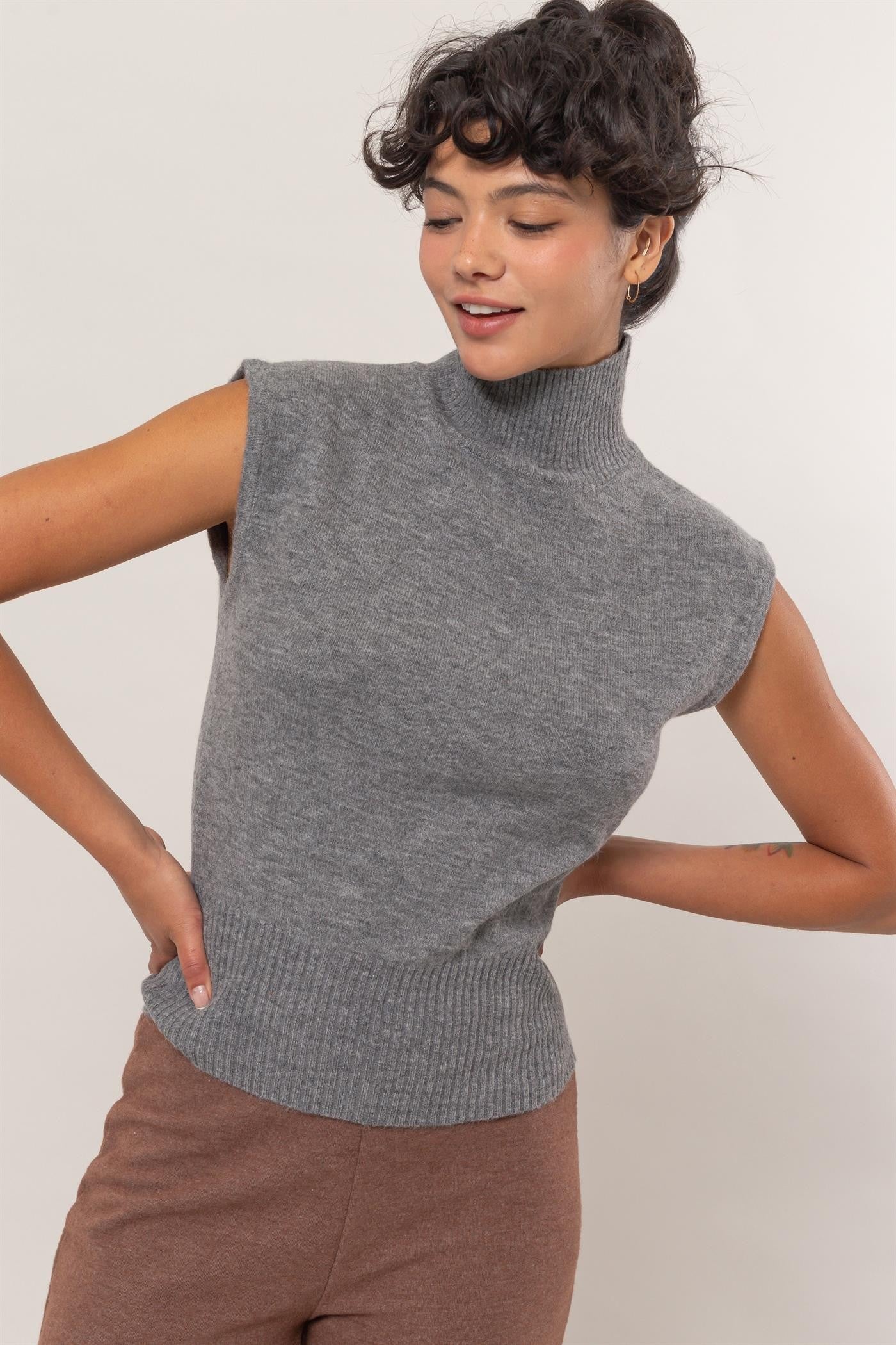 High Neck Sleeveless Sweater Top-Charcoal