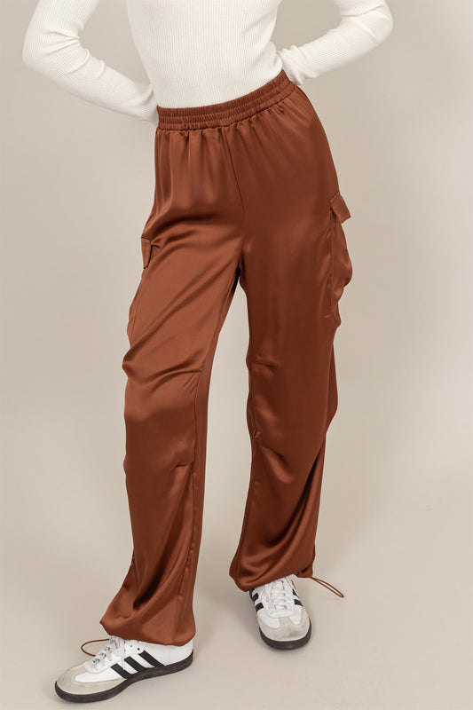 Satin Cargo Pants- Chocolate