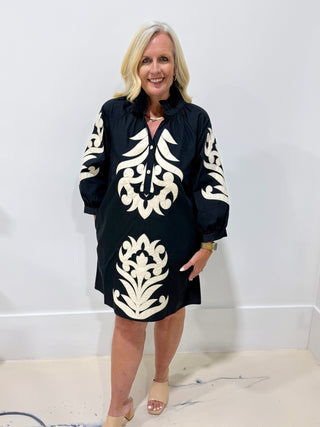 Embroidered Mini Dress- Black and Cream