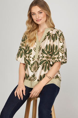 Bubble Sleeve Woven Top- Olive