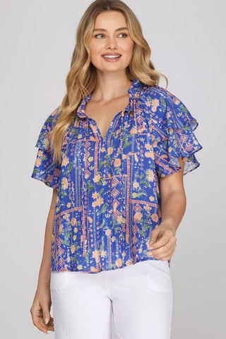 Sammy Floral Ruffle Top- Blue