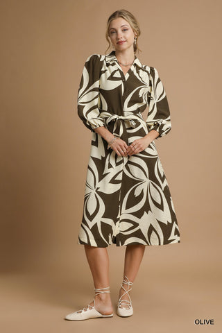 Darla Abstract Midi Dress-Olive