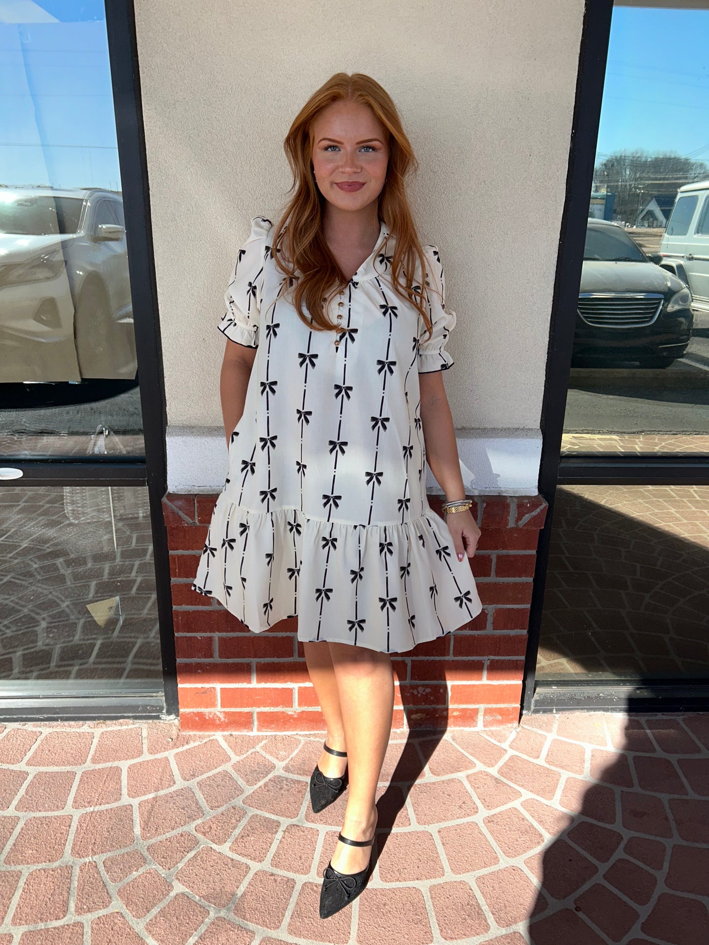 Bowknot Print Puff Sleeve Dress