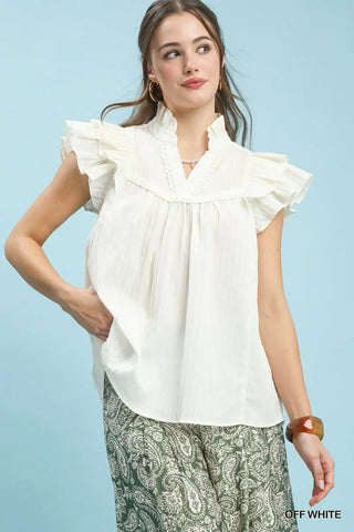 Ruffle Sleeve Textured Top/Off White