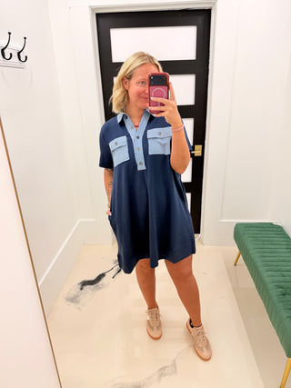 Lovely Denim Mix Dress- Navy
