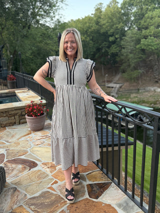 Tiered Striped Midi Dress- Black
