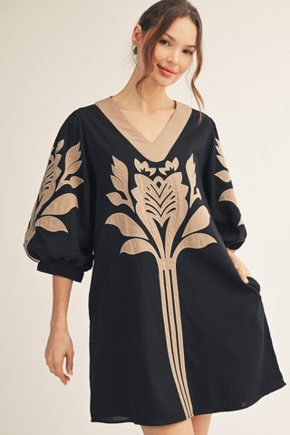 Embroidered Linen Mini Dress- Black and Tan