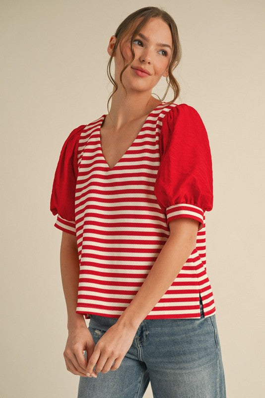 Curvy Striped Print Top- Red