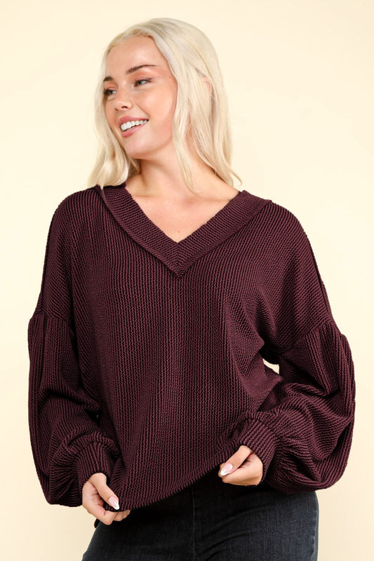 Curvy Ribbed Top In Wine