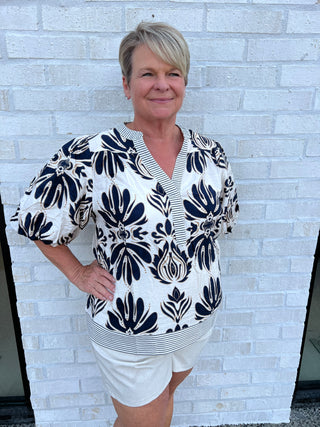 Curvy Bubble Sleeve Woven Top/Navy