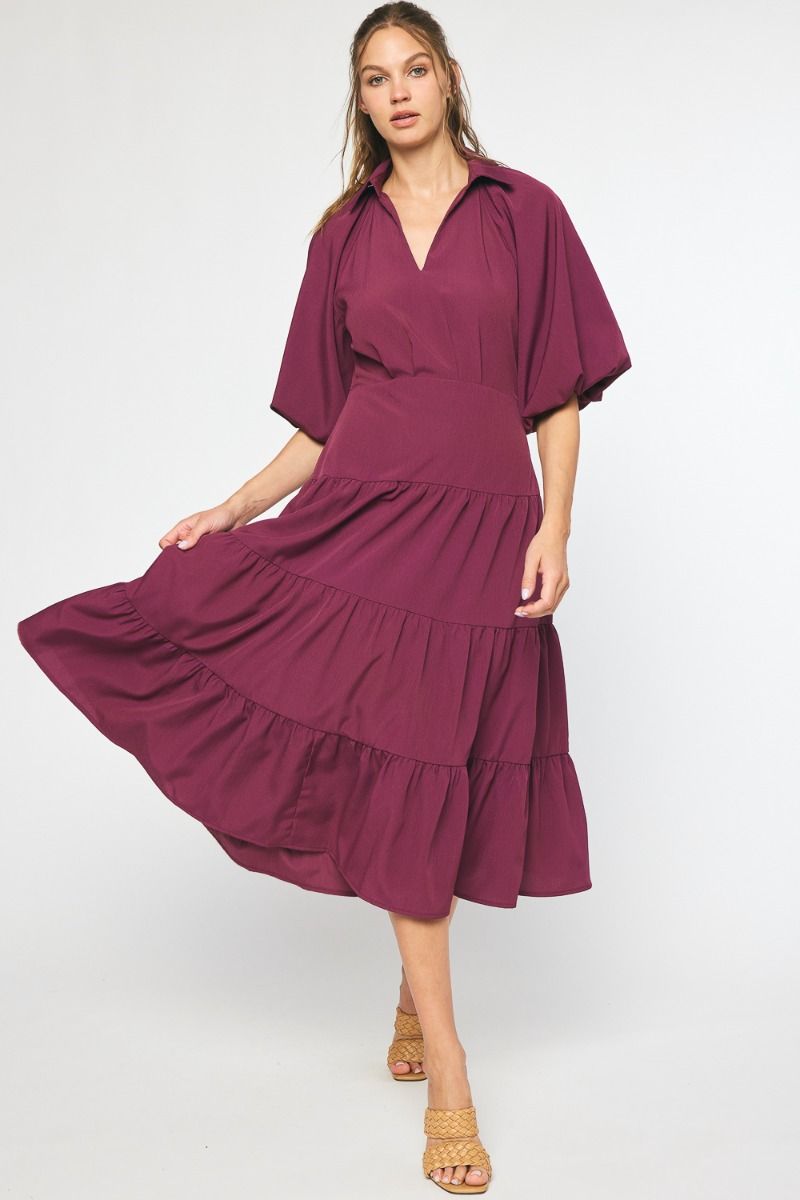 Short Puff Sleeve Dress In Eggplant