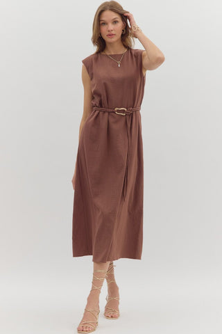 Shoulder Slit Midi Dress- Brown