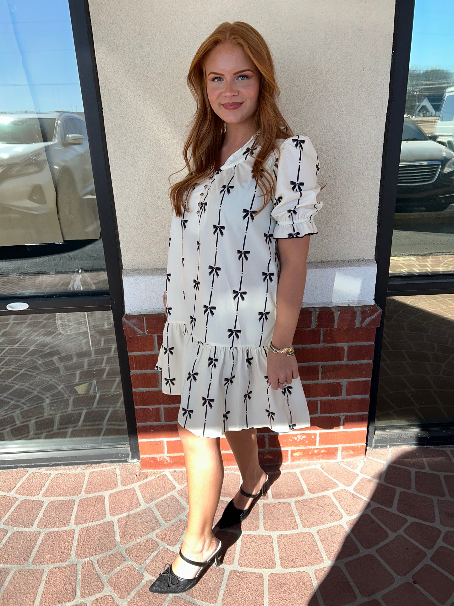 Bowknot Print Puff Sleeve Dress