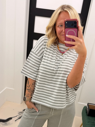 Striped Boyfriend Tee- Gray