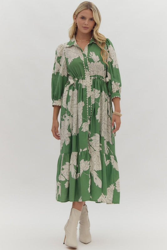 Floral Collared Midi Dress In Green