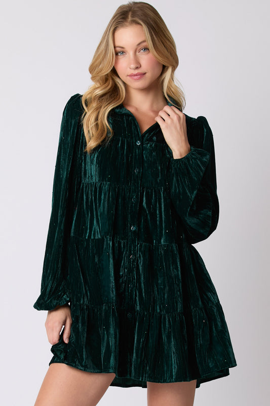 Crushed Velvet Rhinestone Holiday Dress in Hunter Green