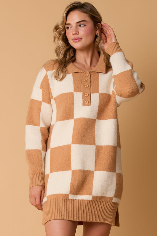 Knit Sweater Dress in Brown/Cream