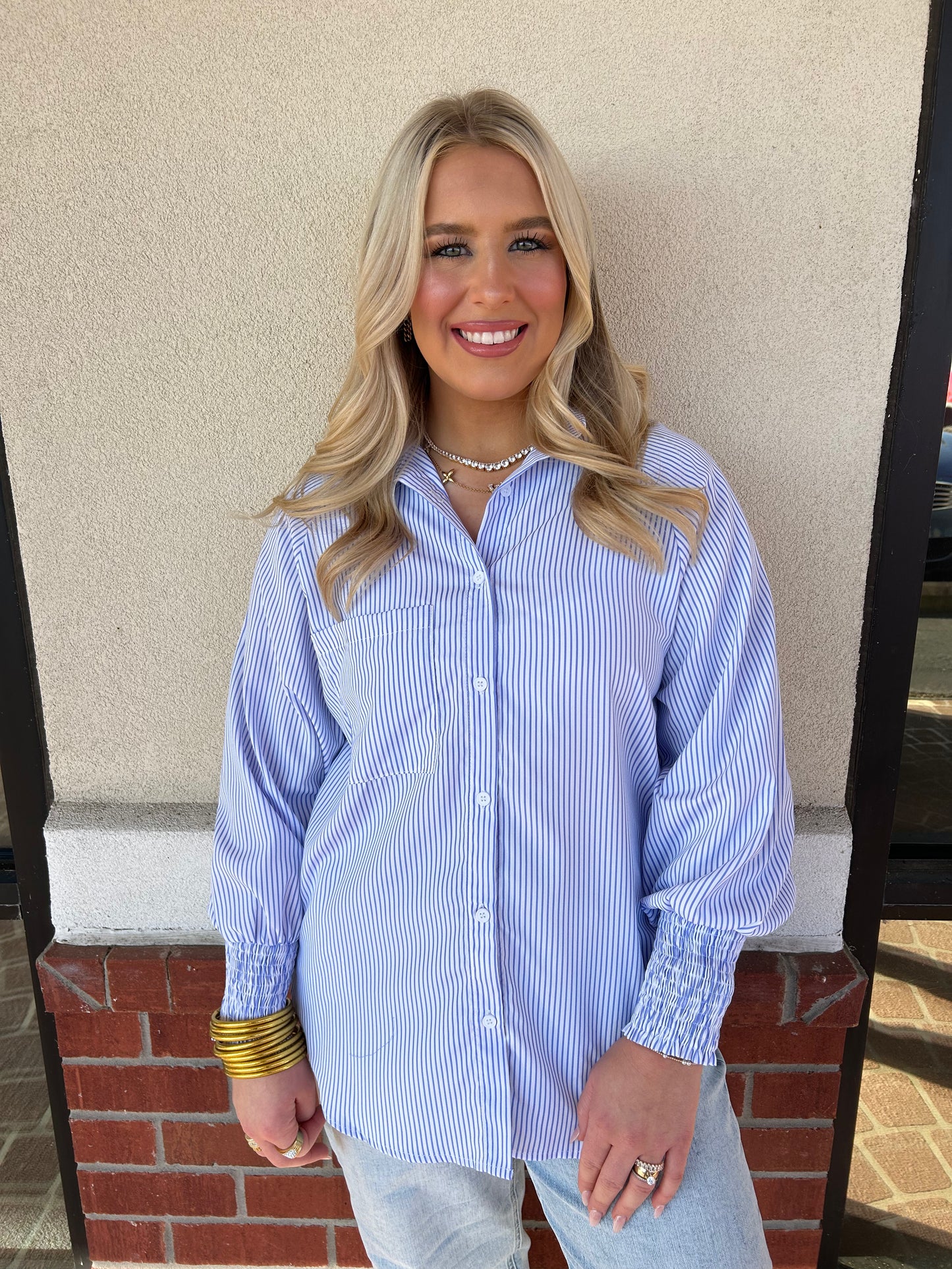 Smocked Cuff Blouse- Blue