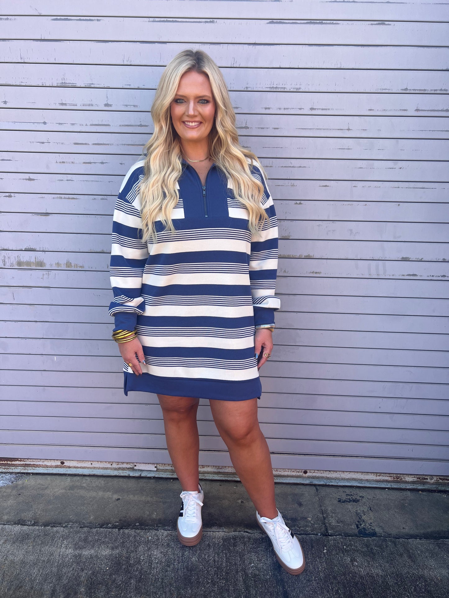 Stripe Half Zip Dress In Denim