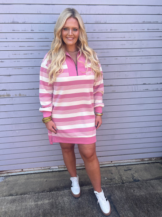 Stripe Half Zip Dress In Mauve