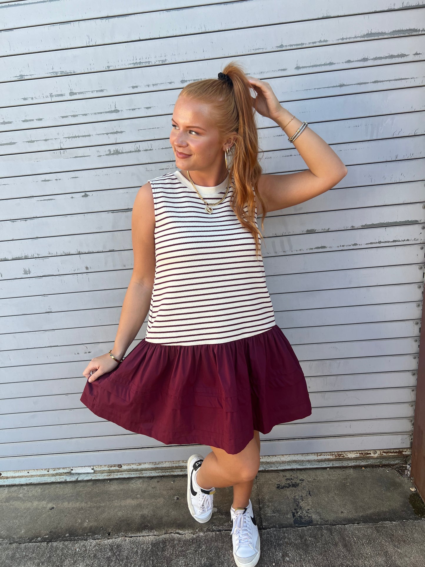 Stripe Sleeveless Mini Dress- Burgundy