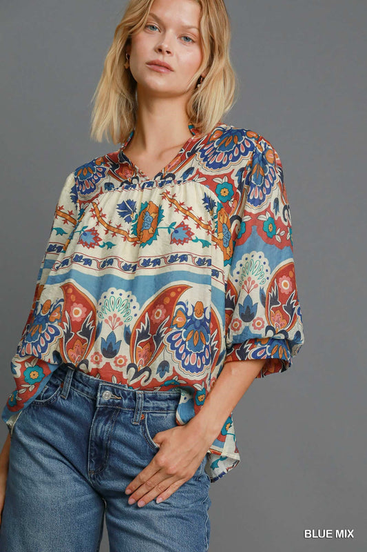 Split Neck Print Top in Blue