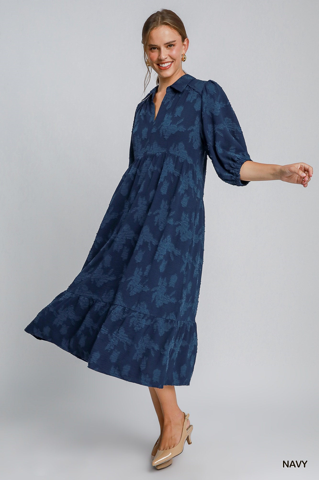 Floral Burnout Midi Dress- Navy