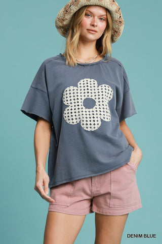Flower Power Top- Denim Blue