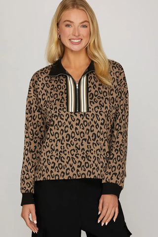Leopard Knit Half Zip Top