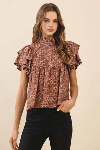 Bella Mock Neck Top- Brown