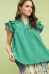 Ruffle Sleeve Textured Top/Jade