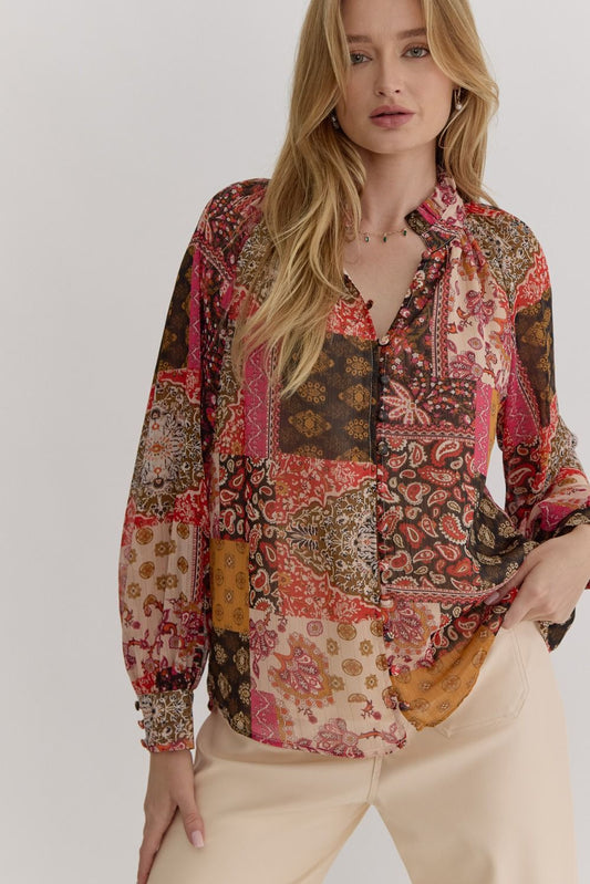 Paisley Print Top- Rust