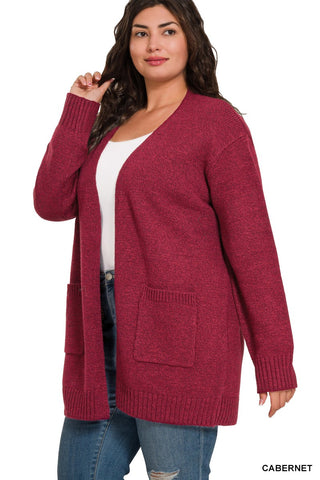 Curvy Open Front Cardigan-Wine