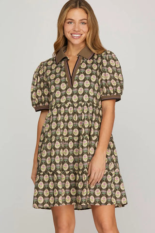 Printed Woven Mini Dress- Brown