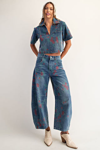 Rose Print Denim Top