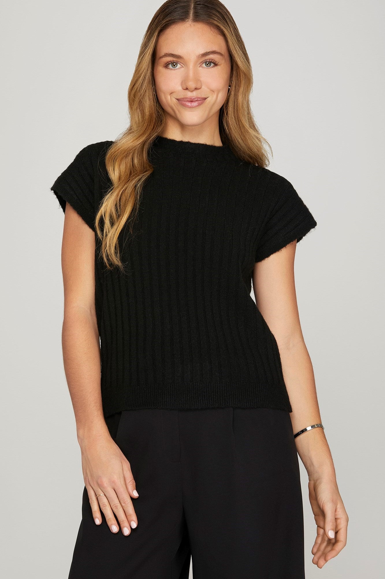 Ribbed Knit Sweater Top- Black