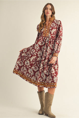 Long Sleeve Floral Midi- Burgundy
