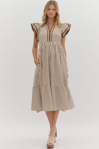 Tiered Striped Midi Dress- Brown