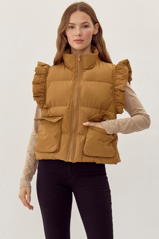 Ruffle Puffer Vest In Toffee