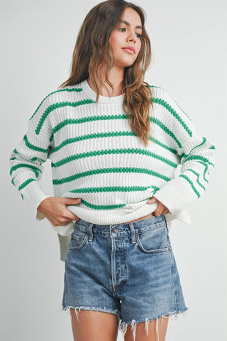 Boat Neck Striped Knit Sweater - Green