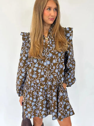 Flirty Floral Mini Dress- Brown
