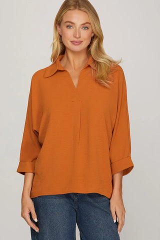 Collared Woven Top- Burnt Orange